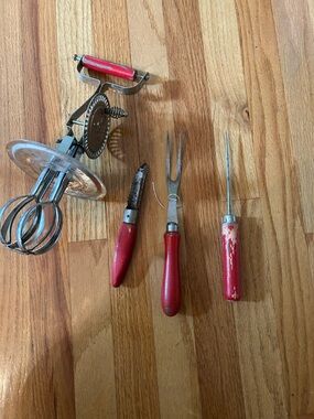 Vintage Red-Handled Kitchen Utensil Set - Hand Mixer, Fork, Knife, Awl
